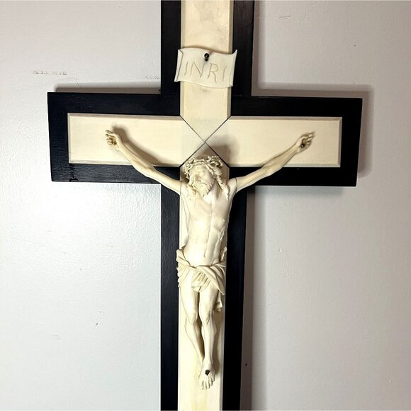 Large Crucifix Wood and Resin 1950s Catholic Clergy Labeled 21" - Picture 2 of 6